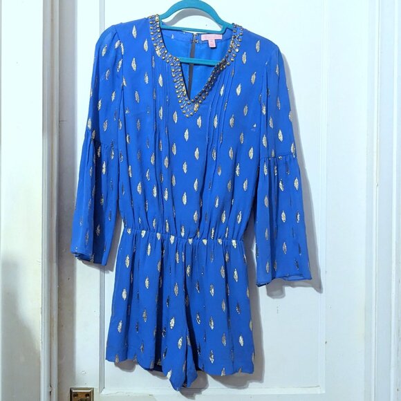 Lilly Pulitzer Ariele Silk Romper in Bennet Blue Diamond Metallic Gold Size XS - Picture 4 of 8